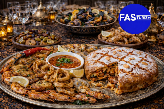 Karides, kalamar ve deniz mahsulleri pastilla ile hazırlanmış zengin Fas sofra sunumu.