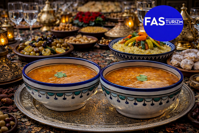 Geleneksel Fas Harira &ccedil;orbası, zengin Fas sofra sunumu eşliğinde servis edilmektedir.