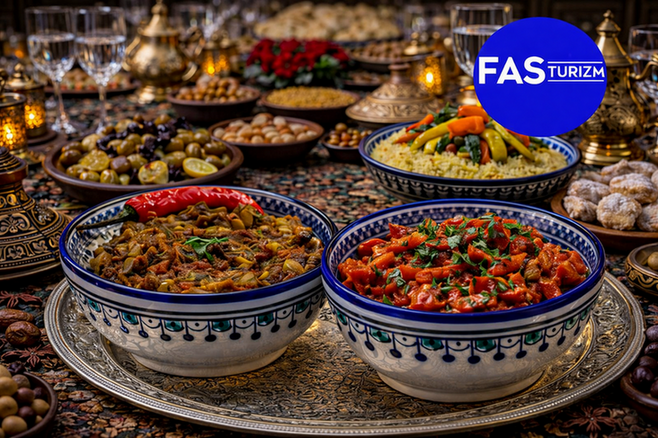 Zaalouk ve Taktouka geleneksel Fas mezeleri sunumu