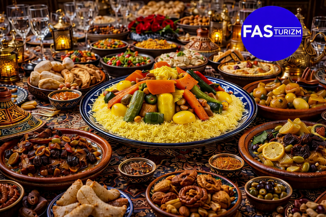 Sebzeli kuskus, tagine ve mezelerle hazırlanmış geleneksel Fas sofra sunumu.