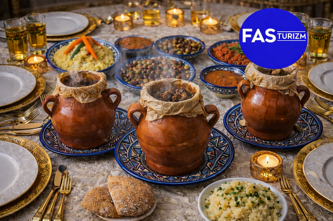 Marakeş&rsquo;e &ouml;zg&uuml; Tanjia yemeği geleneksel toprak kap sunumu