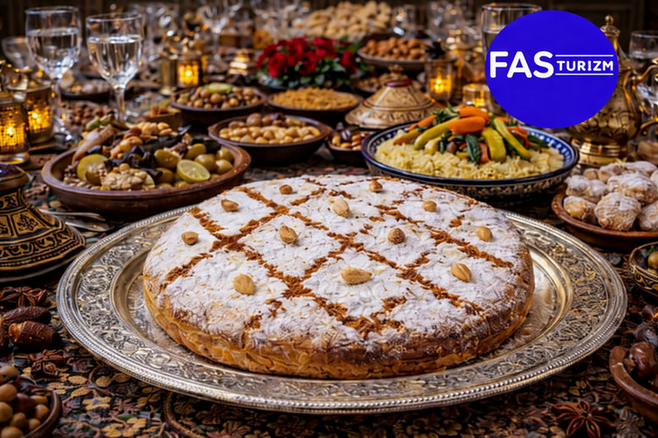 Geleneksel Fas pastillası (bastilla) zengin Fas sofrası eşliğinde servis edilmektedir.