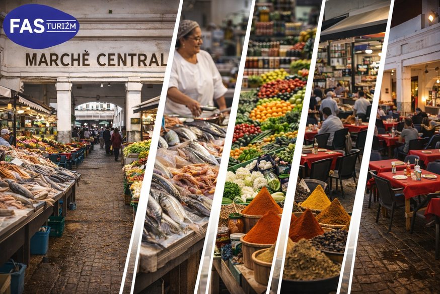Casablanca March&eacute; Central pazarı, taze balık tezgahları, baharatlar ve sebze tezgahları &ndash; fas turu ve fas turları sırasında ziyaret edilen Kazablanka'nın &uuml;nl&uuml; pazarı