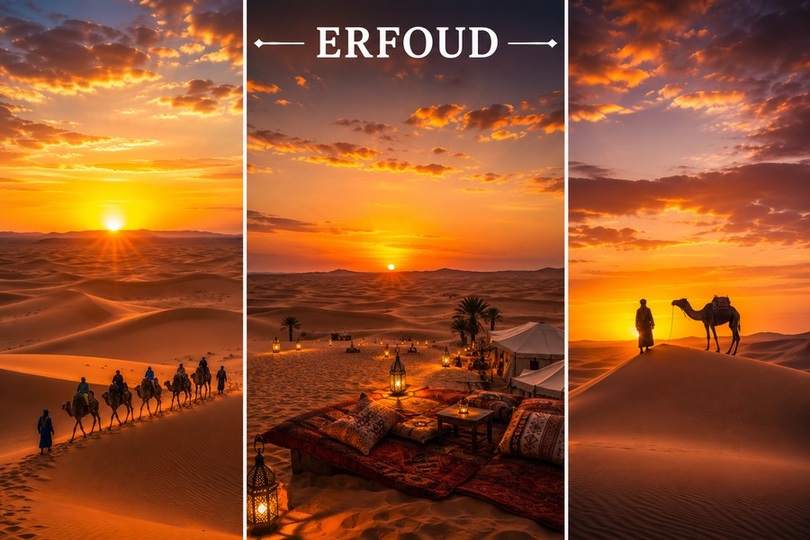 Erfoud Sahra &Ccedil;&ouml;l&uuml;&rsquo;nde g&uuml;n batımı ve deve safari manzarası