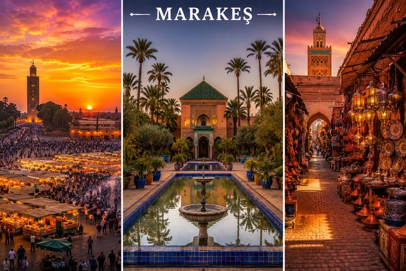 Marakeş Fas şehri Jemaa el-Fnaa Meydanı ve tarihi &ccedil;arşı manzarası