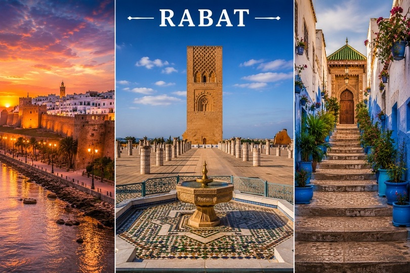 Rabat Fas şehri Hassan Kulesi ve tarihi medina manzarası