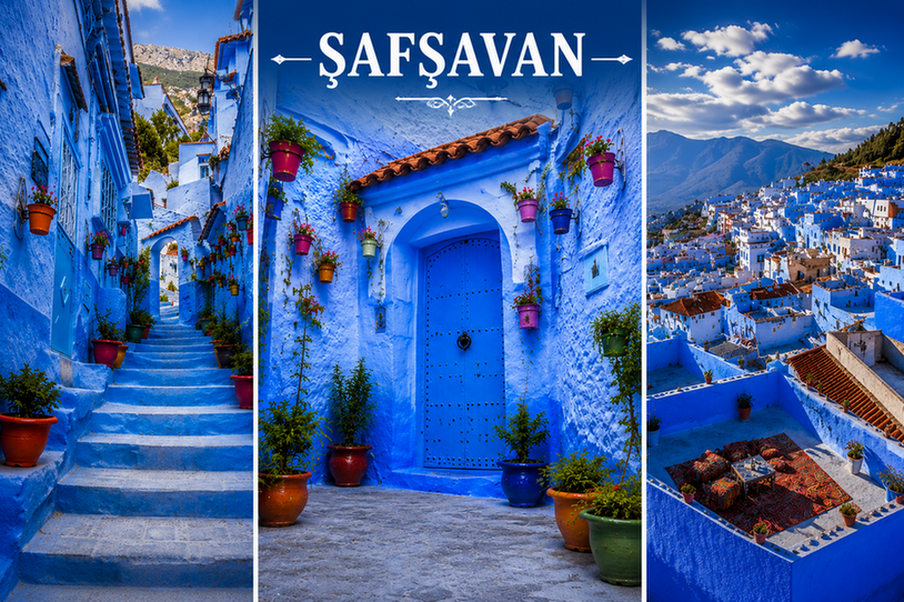 Şafşavan Fas mavi şehir sokakları ve panoramik Chefchaouen manzarası